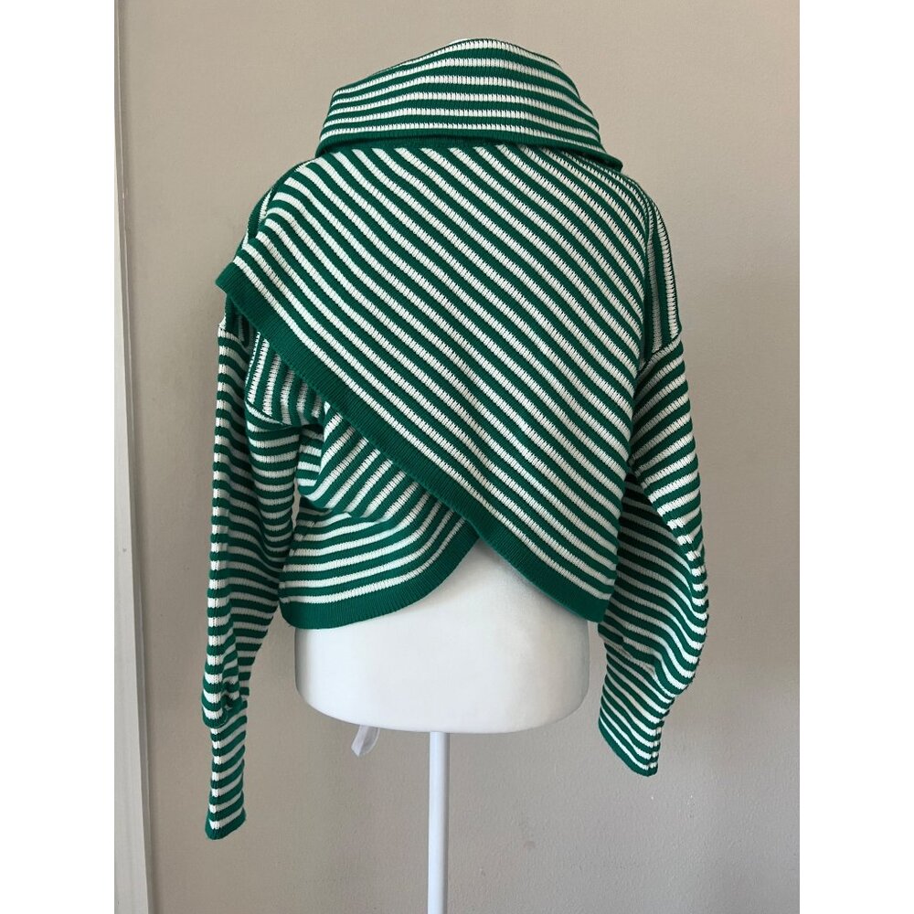 MARIA FILO green stripped turtleneck puff sleeve crossover sweater MEDIUM
